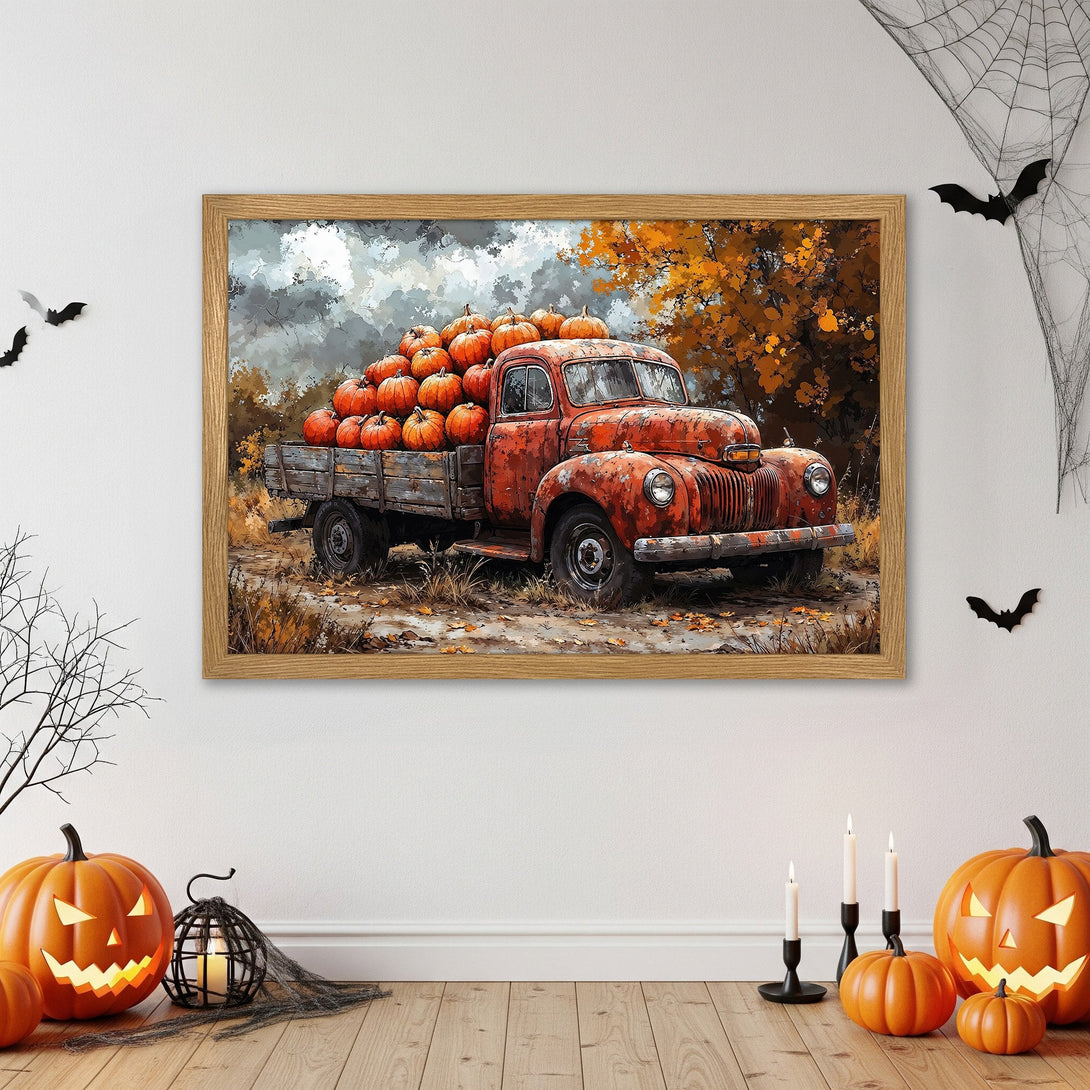 Framed Poster featuring a vintage truck filled with pumpkins, autumn colors, and a rustic style. Perfect fall decor!