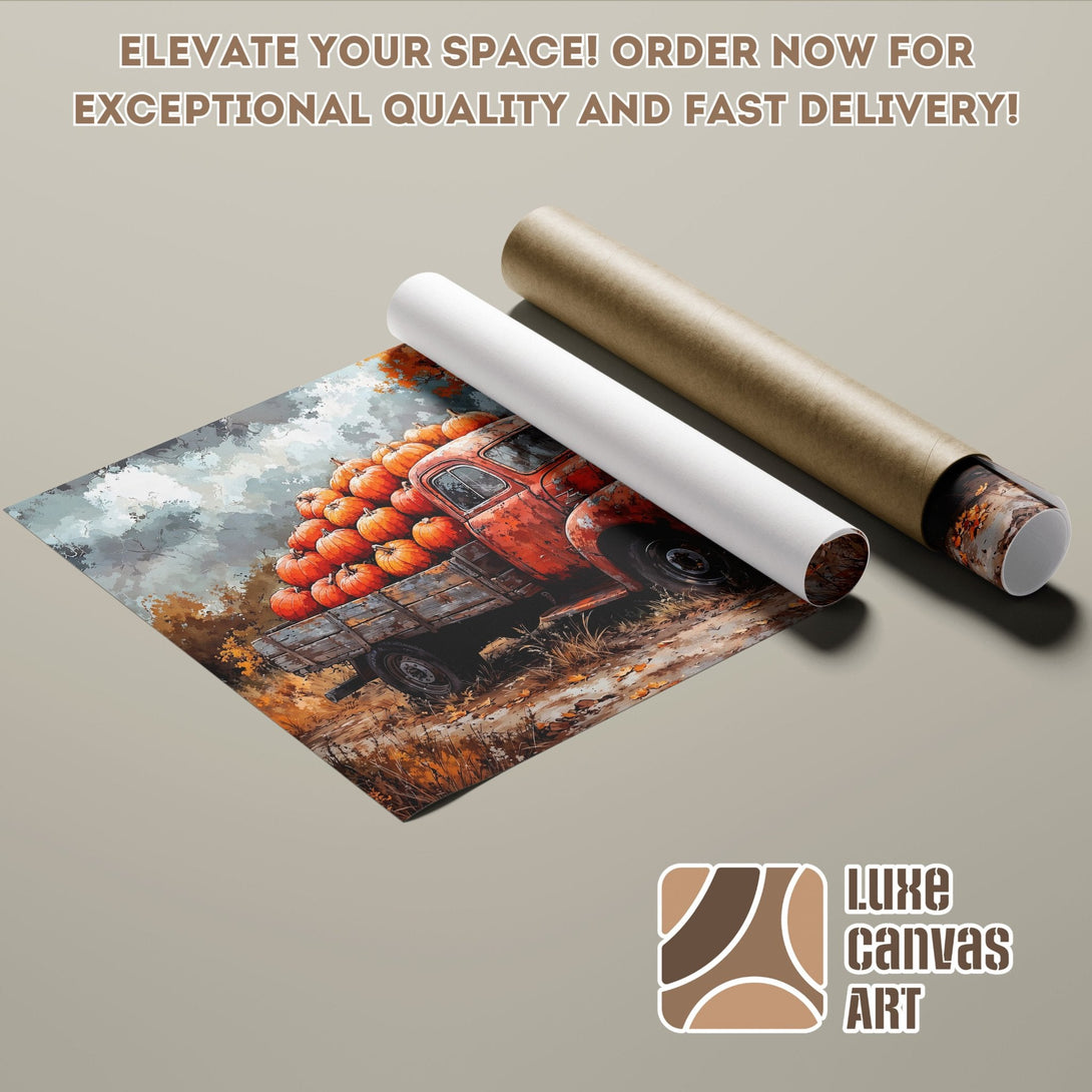 Poster Roll featuring a vintage truck with pumpkins, warm autumn colors. Elevate your space!