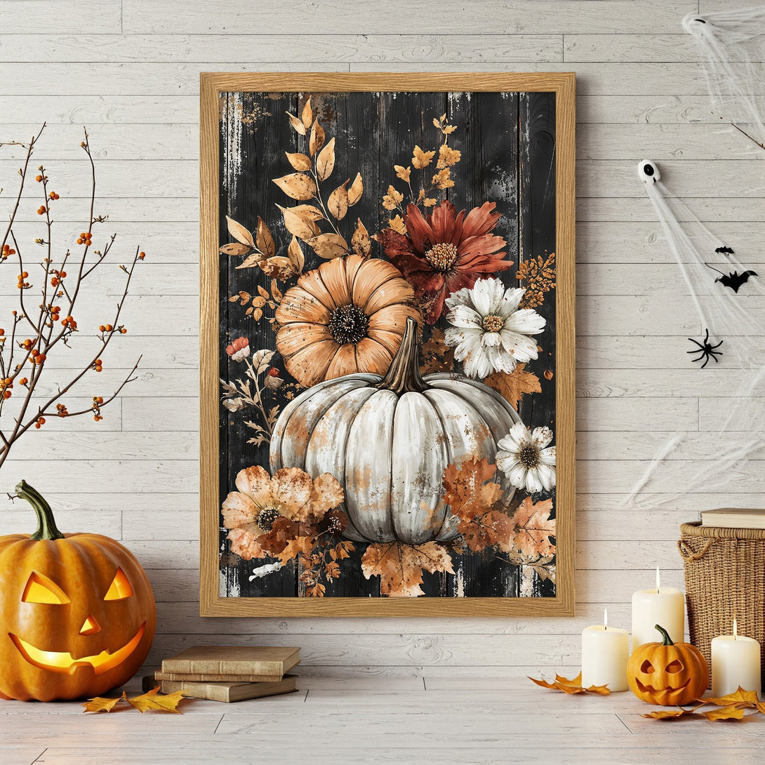 Framed Poster featuring pumpkins & flowers in rustic style. Earthy tones of orange, brown, & white. Perfect fall decor!