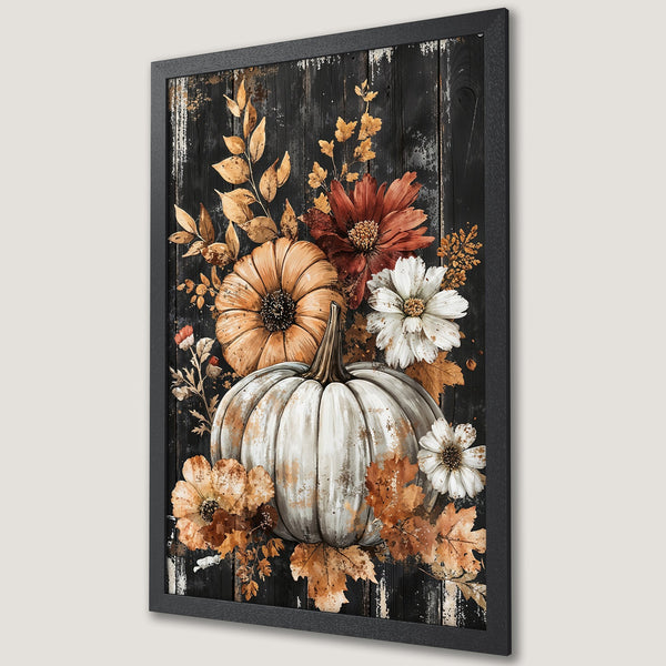 Framed Poster featuring a watercolor-style pumpkin and floral arrangement with a rustic, fall color palette. Perfect autumn decor!