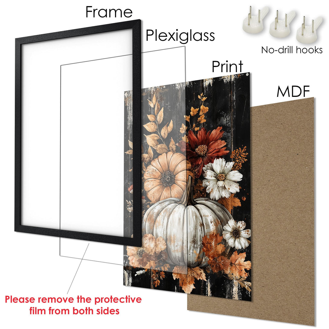 Framed Poster featuring a rustic pumpkin design in a warm, autumnal color palette. Perfect fall wall art!