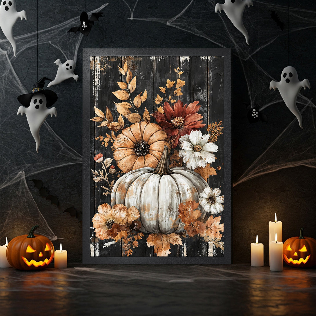 Framed Poster featuring a pumpkin and floral design in a rustic style with a warm, autumn color palette. Perfect Halloween decor!