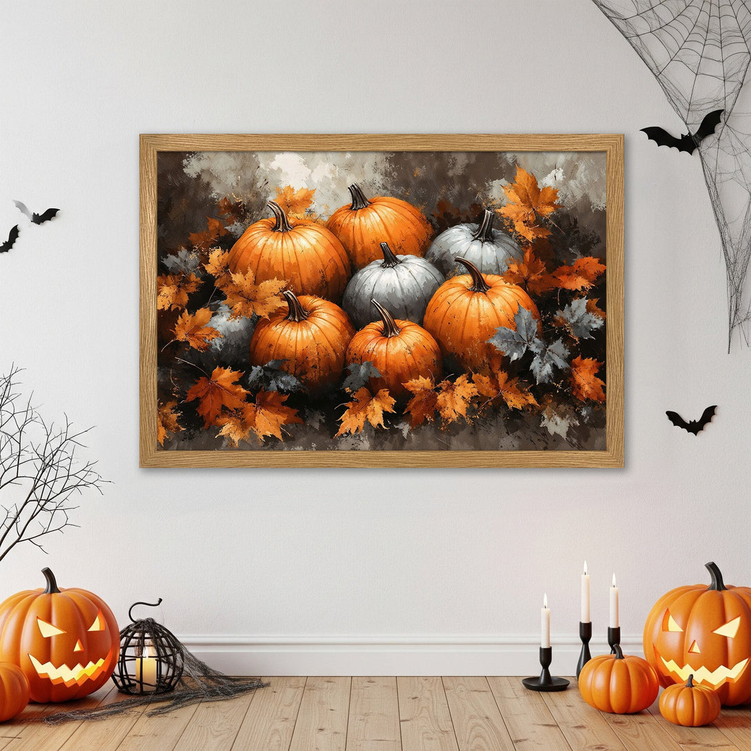 Framed Poster featuring a vibrant pumpkin still life painting in a warm orange and gray color palette, perfect for Halloween decor.