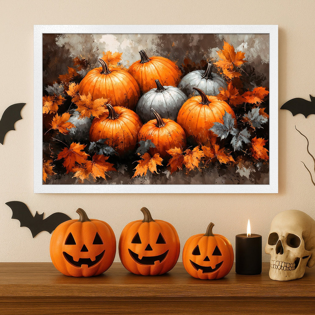 Framed Poster featuring a Halloween pumpkin still life in an impressionistic style, with an orange and gray color palette.