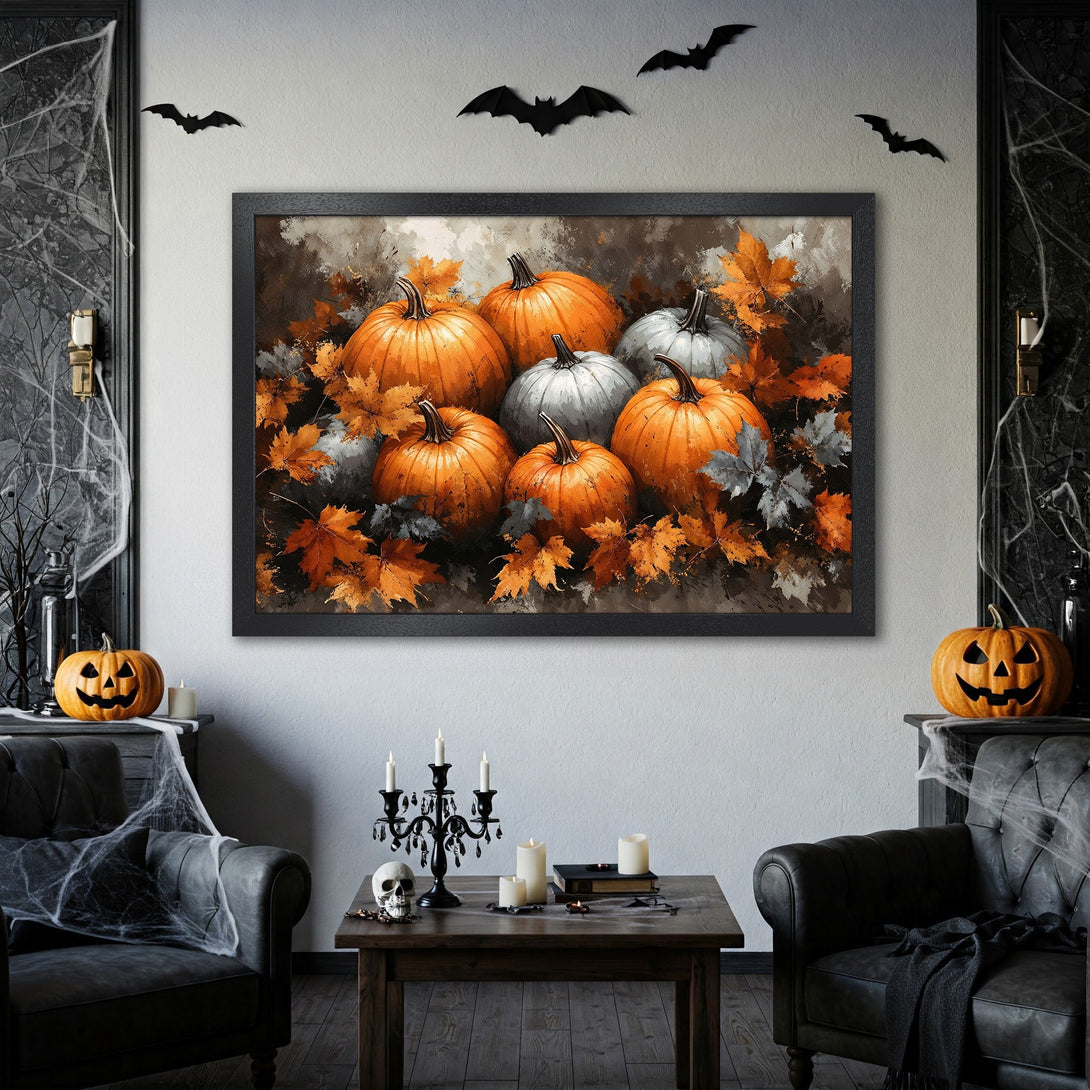 Framed Poster featuring a Halloween pumpkin art print. Warm orange, gray, and brown color palette, perfect for fall decor.