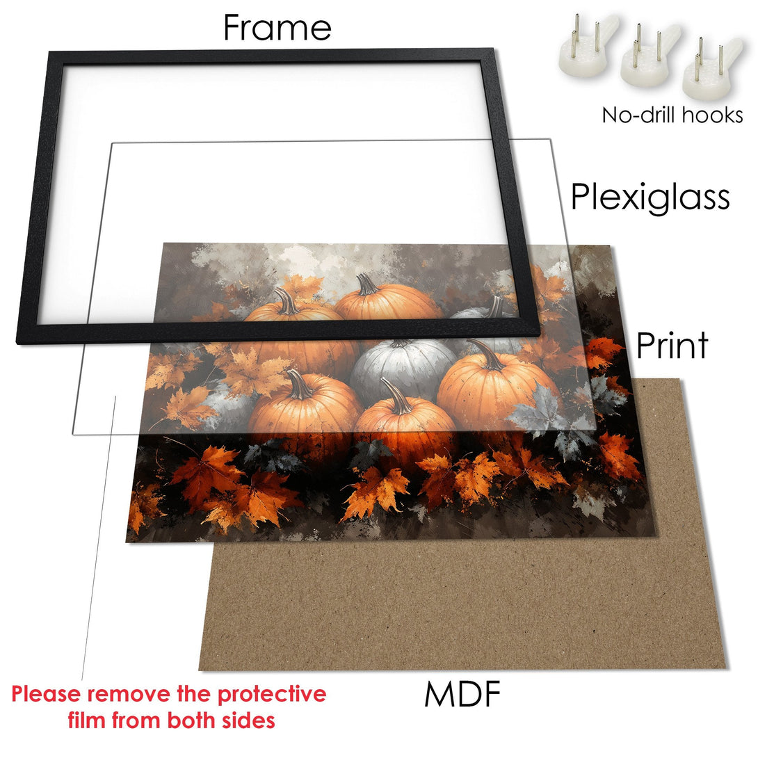 Framed Poster featuring pumpkins and fall leaves. Artistic style with warm orange, gray, and brown color palette. Perfect autumn decor.