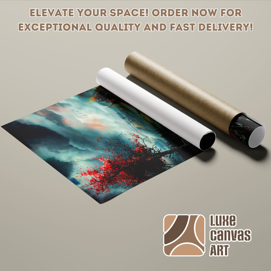 Poster Roll featuring a vibrant landscape painting in teal and red tones. Elevate your space!