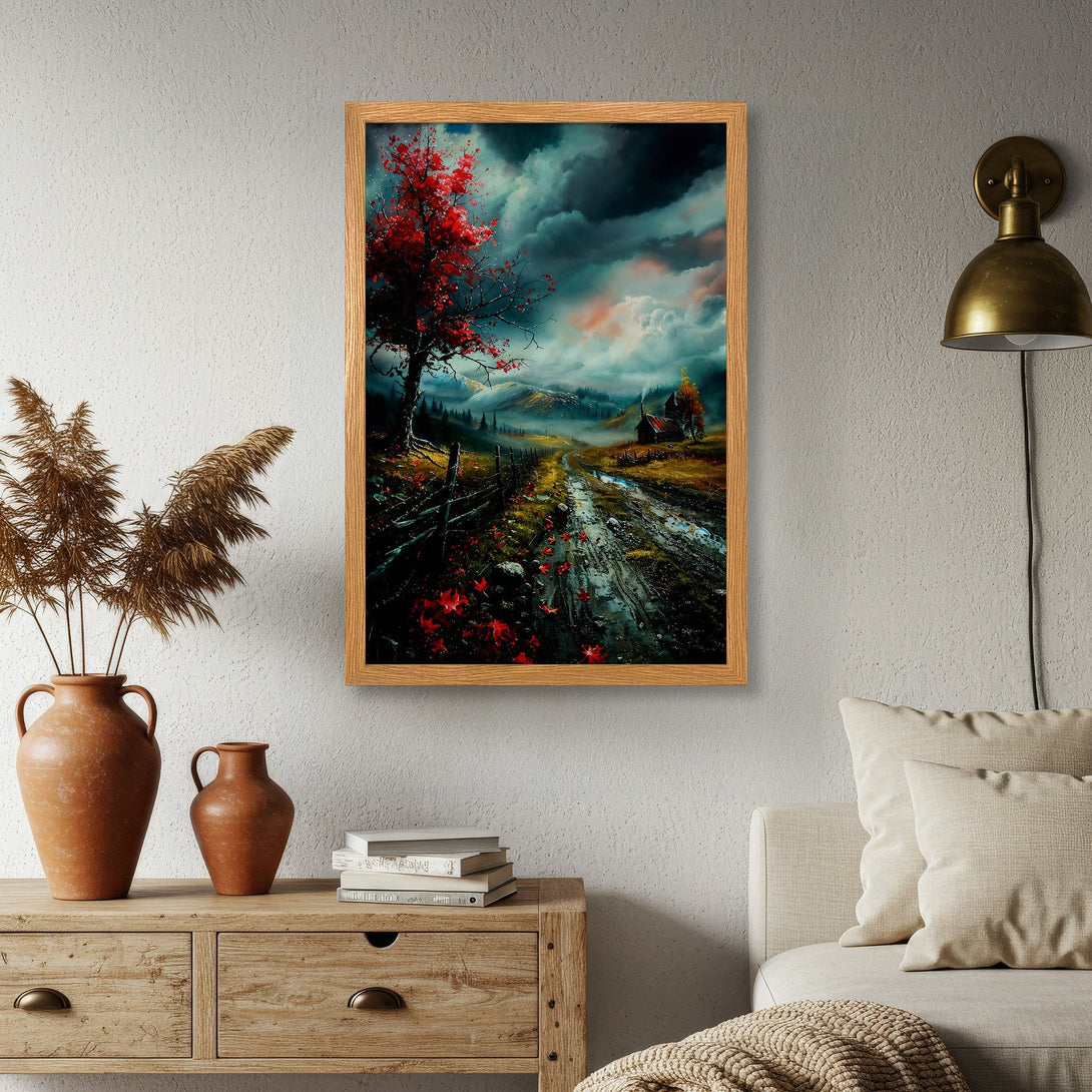 Framed Poster of a dramatic landscape with red tree, moody style, and dark teal, red, and brown color palette.
