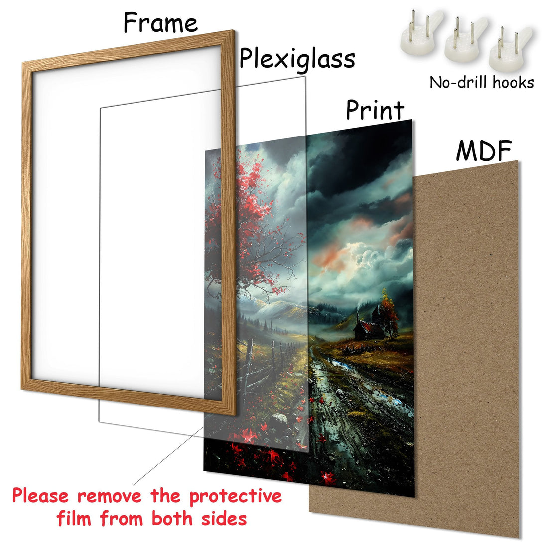 Framed Poster with landscape art in moody, painterly style. Features a rustic cabin and red foliage, with a dark, earthy color palette.