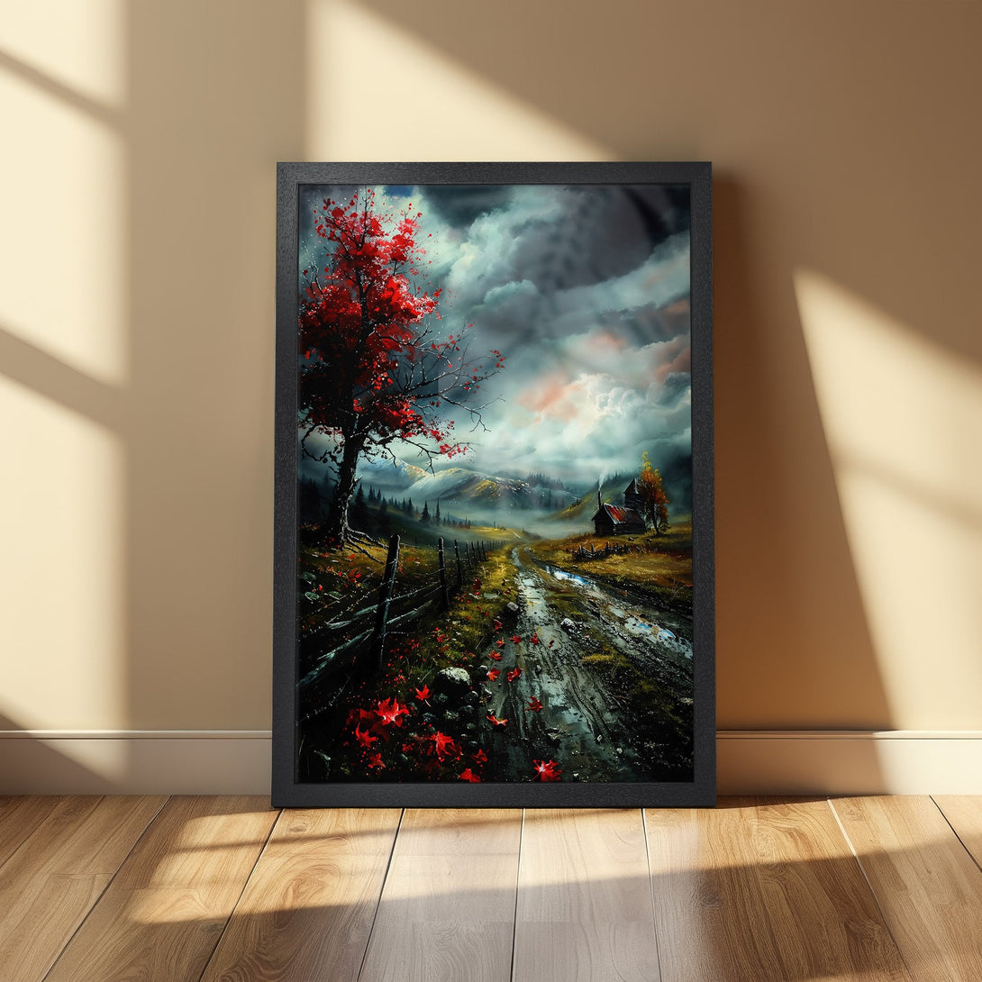 Framed Poster: Autumn landscape art print with red tree, moody style, and dark, earthy color palette. Perfect wall decor.