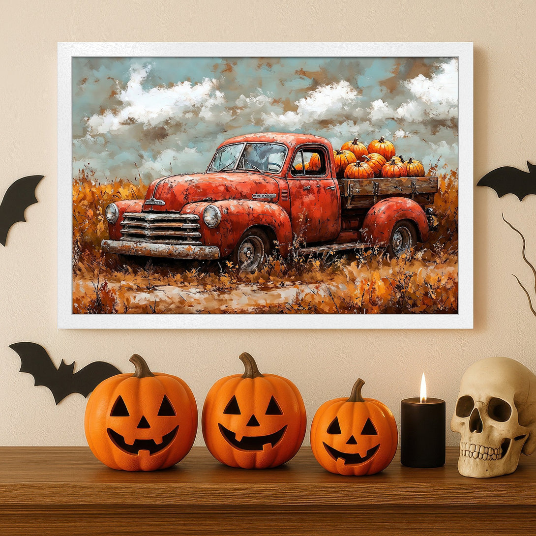 Framed Poster featuring a vintage red truck with pumpkins, painted in an impressionistic style. Warm orange, brown, and blue color palette. Perfect fall decor!
