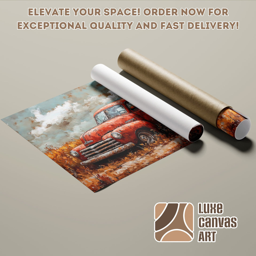 Poster Roll featuring a vintage red truck, impressionistic style, warm color palette.