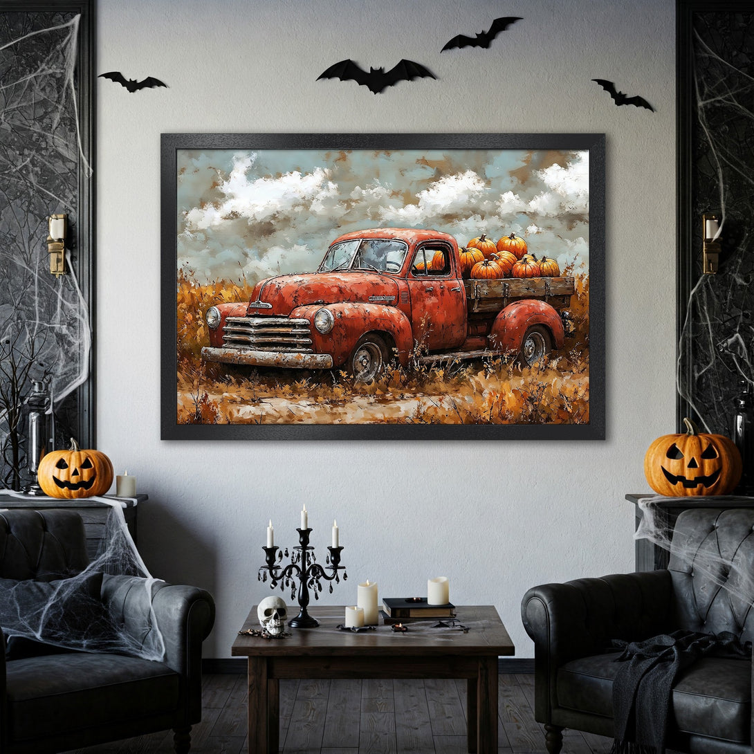 Framed Poster featuring a vintage red truck filled with pumpkins. Rustic style, warm autumn color palette. Perfect Halloween decor!