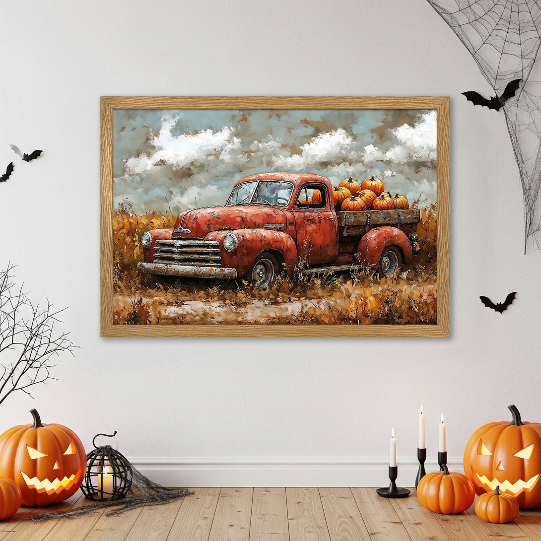 Framed Poster of vintage red truck with pumpkins, impressionist style, warm orange and brown color palette, perfect for fall decor.