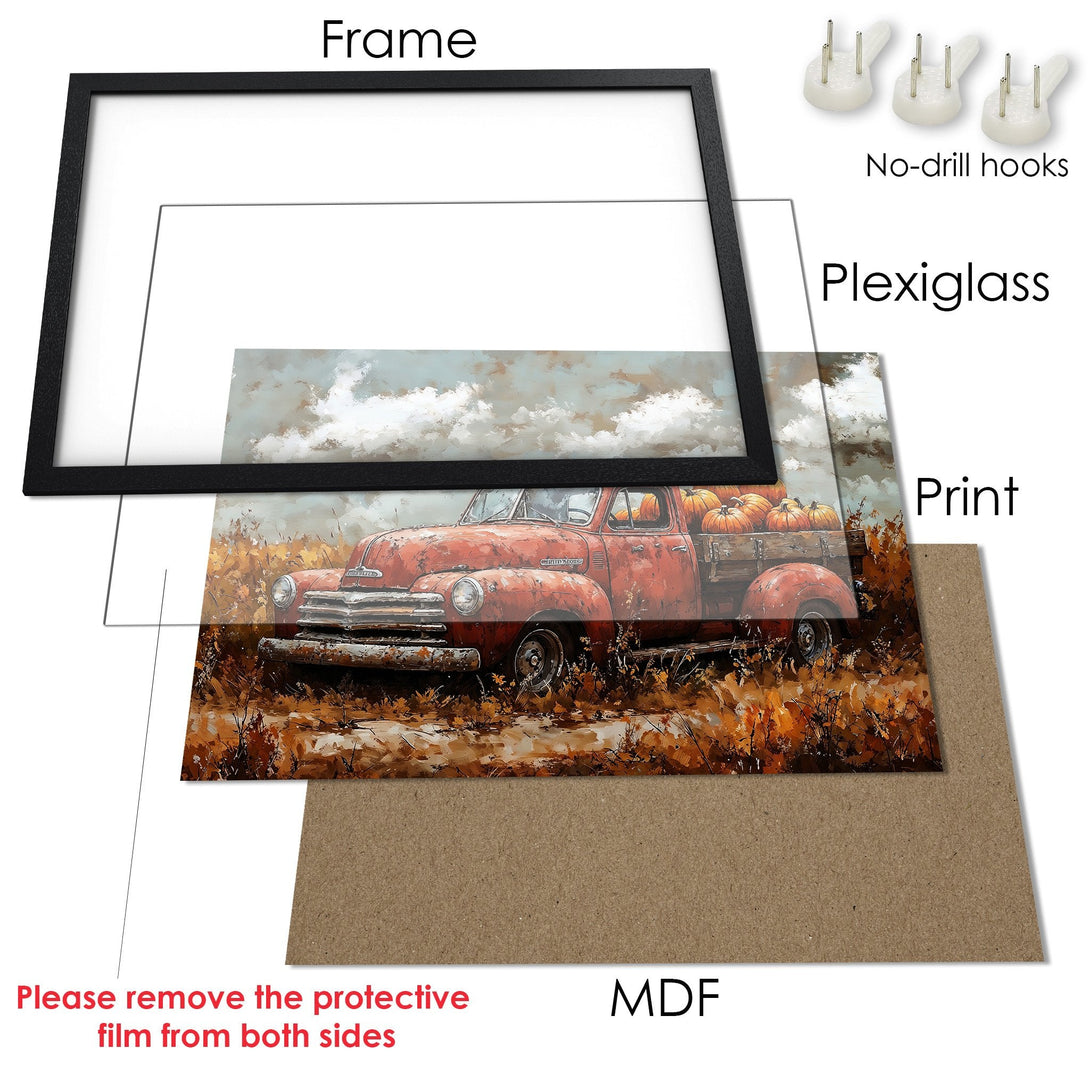 Framed Poster featuring a vintage red truck with pumpkins, in an impressionistic style with warm autumn colors. Perfect wall art!