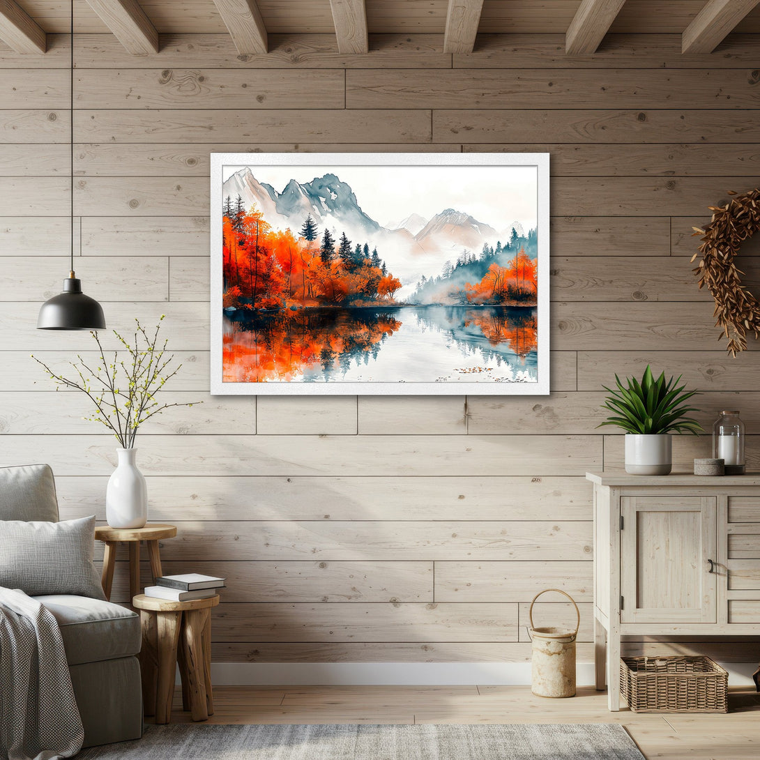 Framed Poster featuring a watercolor landscape with vibrant orange and blue hues. Perfect wall art for a cozy, modern home.