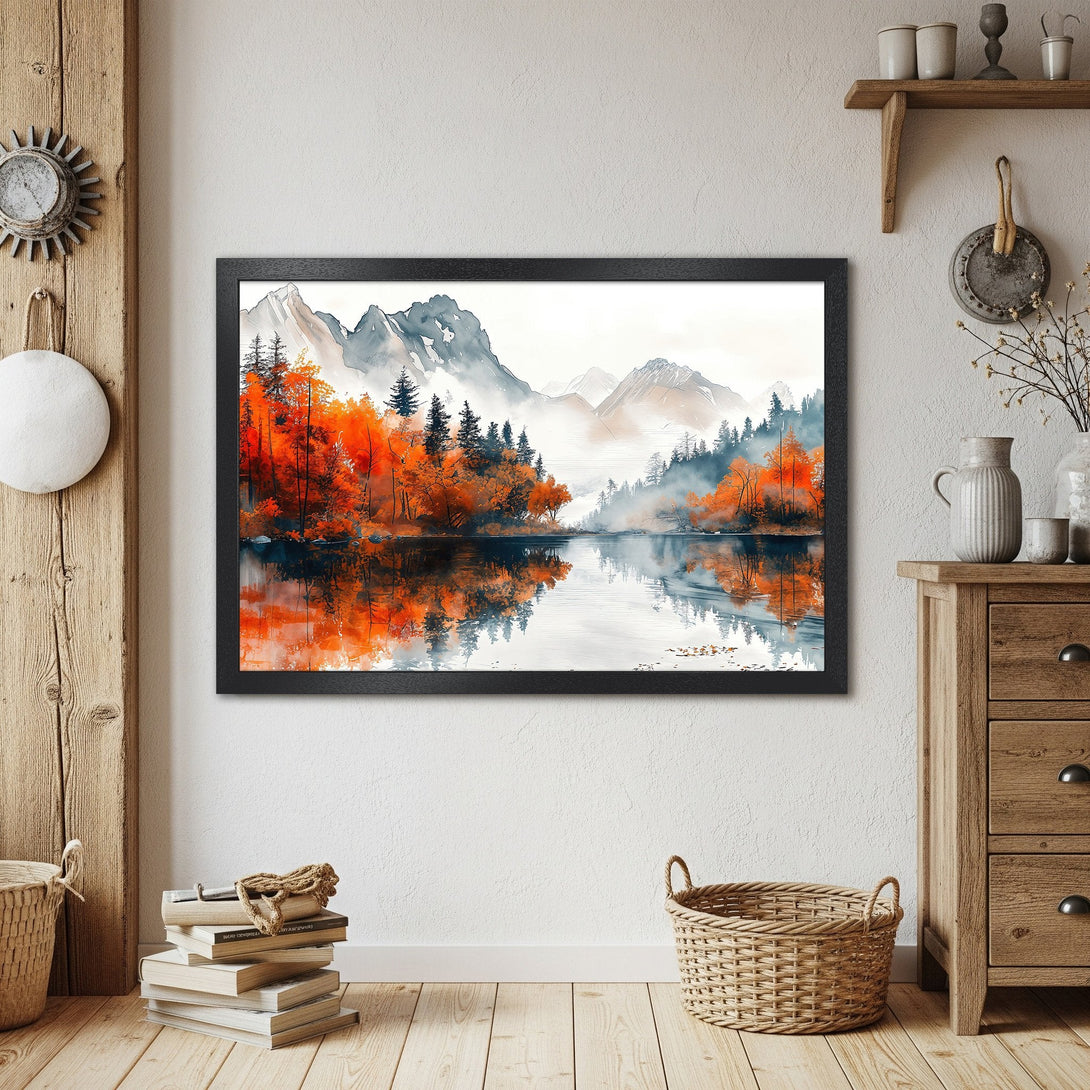 Framed Poster of a serene lake scene with vibrant autumn colors and mountain backdrop. Watercolor style art in orange, blue, and gray hues.