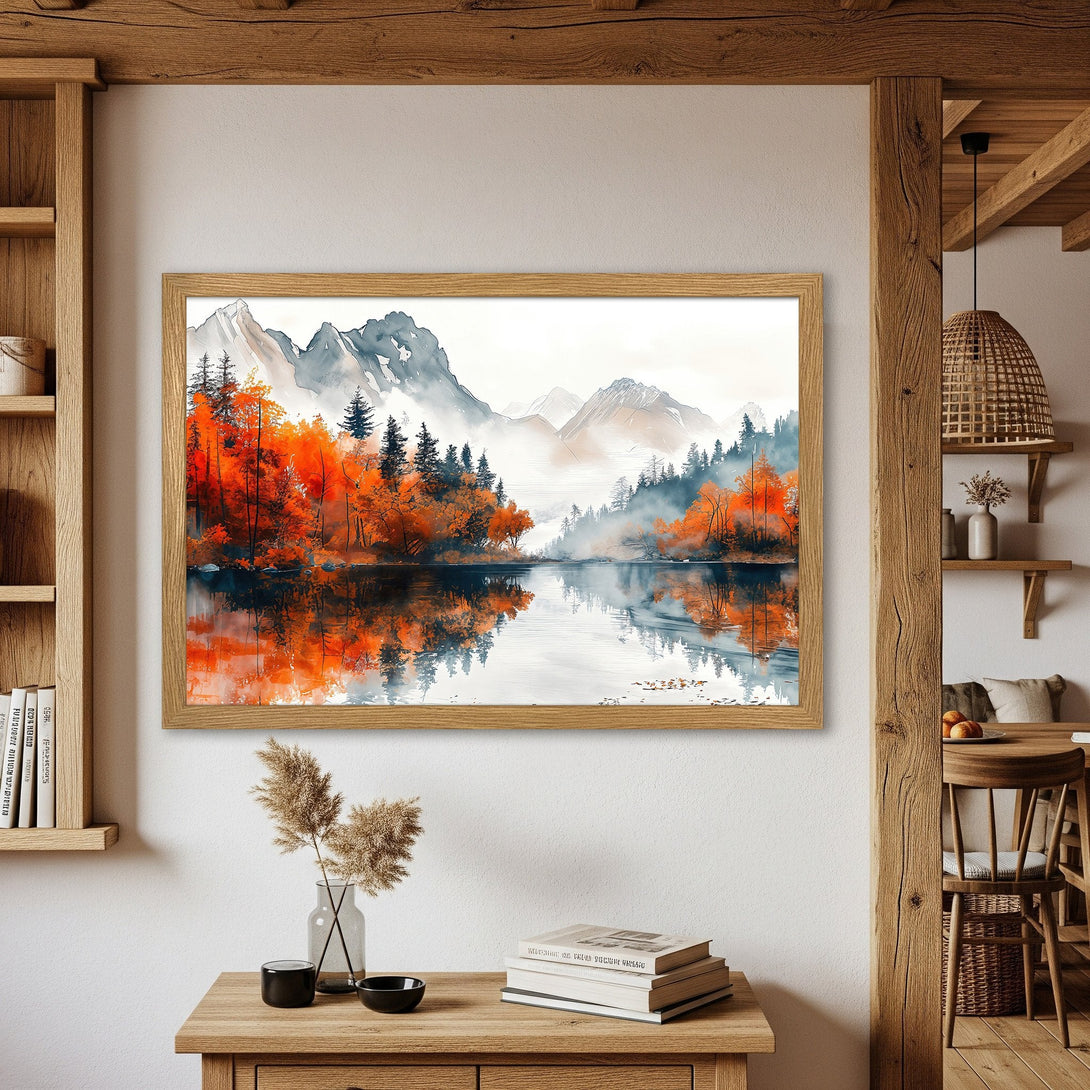 Framed Poster of a serene watercolor landscape with fall foliage and mountains. Warm orange, blue, and gray color palette. Perfect wall art.