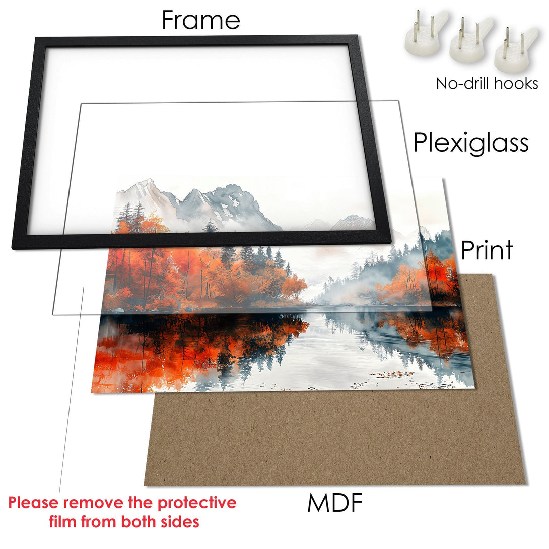 Framed Poster featuring a watercolor landscape with vibrant orange and blue hues. Enhance your space with this beautiful art print.