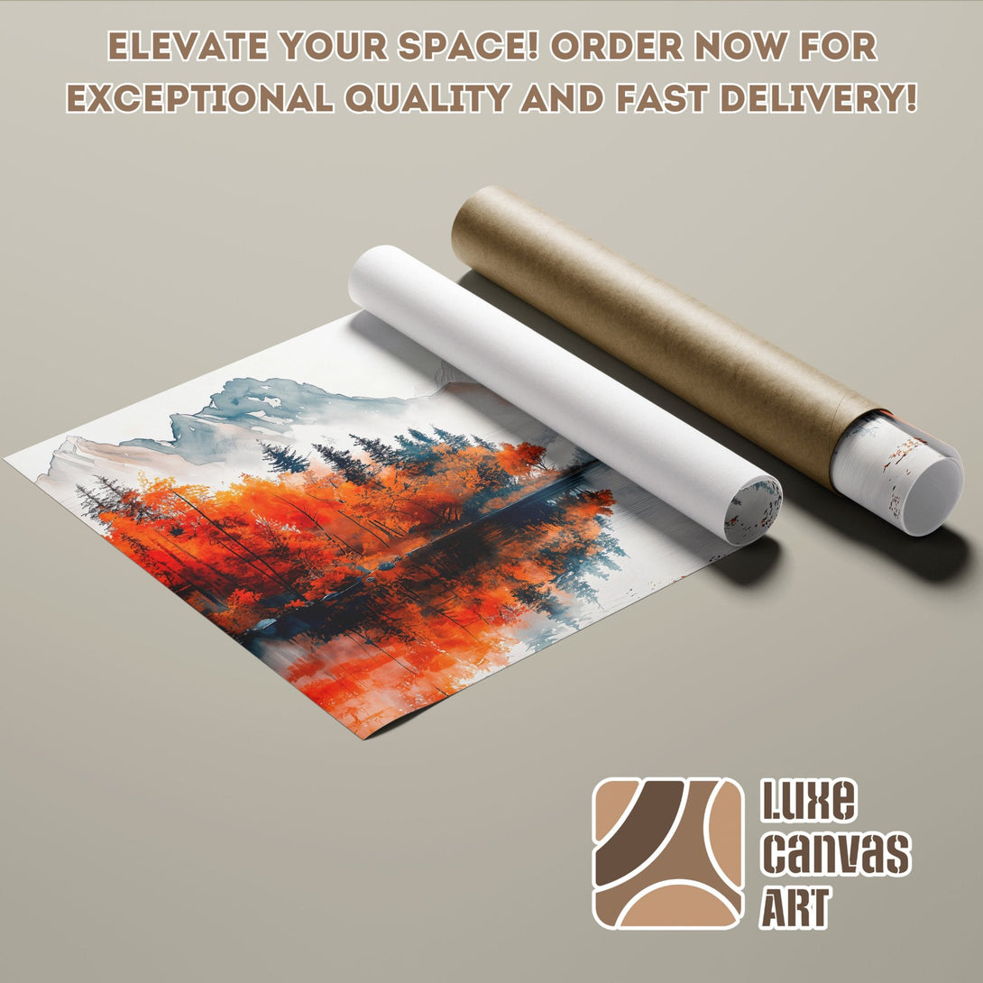 Poster Roll featuring a vibrant watercolor landscape in orange, blue, and gray tones. Elevate your space!