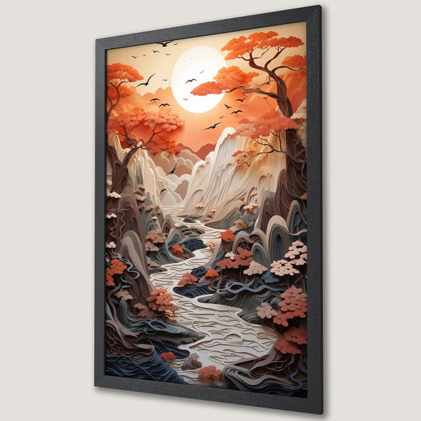 Framed Poster of a serene landscape in a paper-cut style. Warm orange, brown, and blue color palette. Perfect wall art!