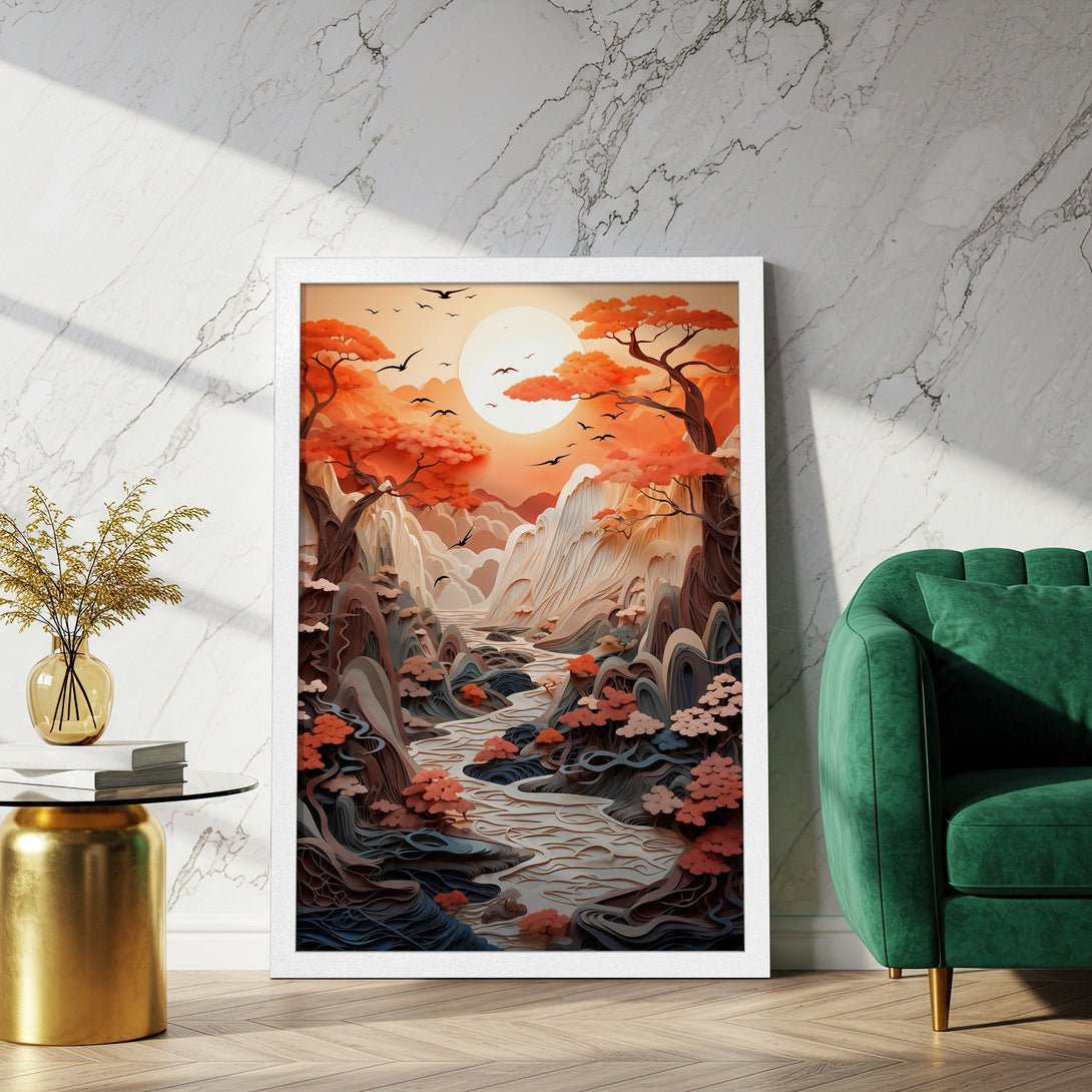 Framed Poster featuring a serene landscape scene with warm orange and brown tones. Perfect wall art for any space.