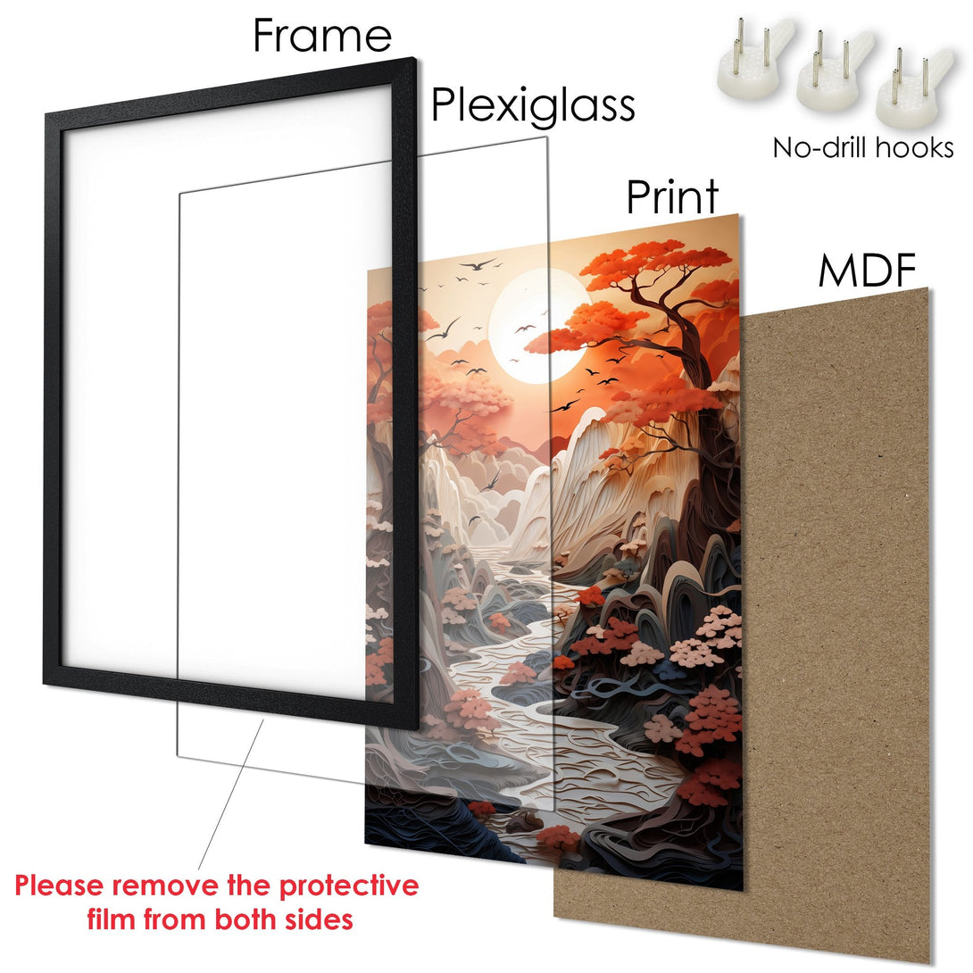 Framed Poster featuring a serene landscape in warm orange and gray tones. Perfect wall art for your home!