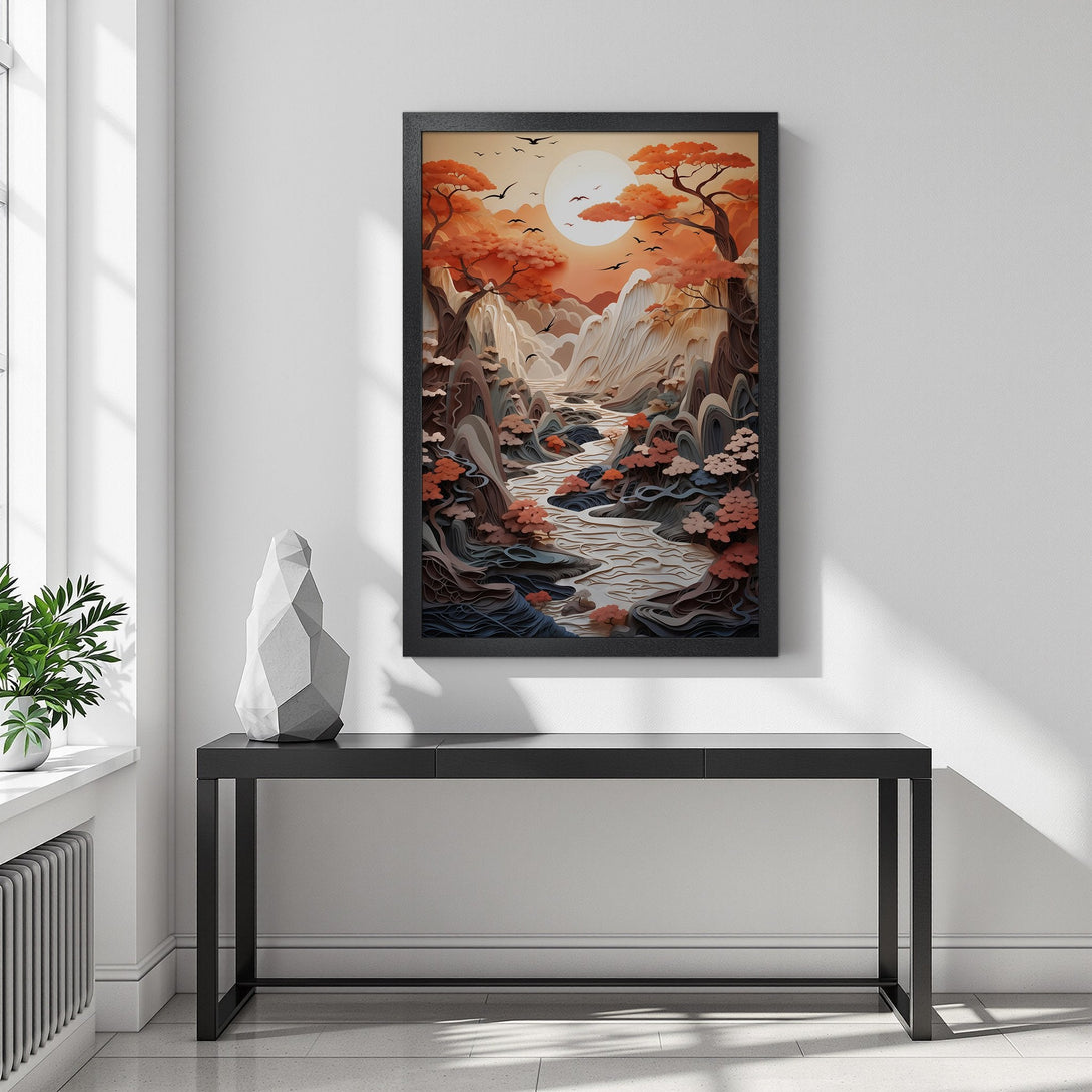 Framed Poster: Serene landscape art print with warm orange and brown color palette. Perfect wall decor for any room. Buy your poster today!