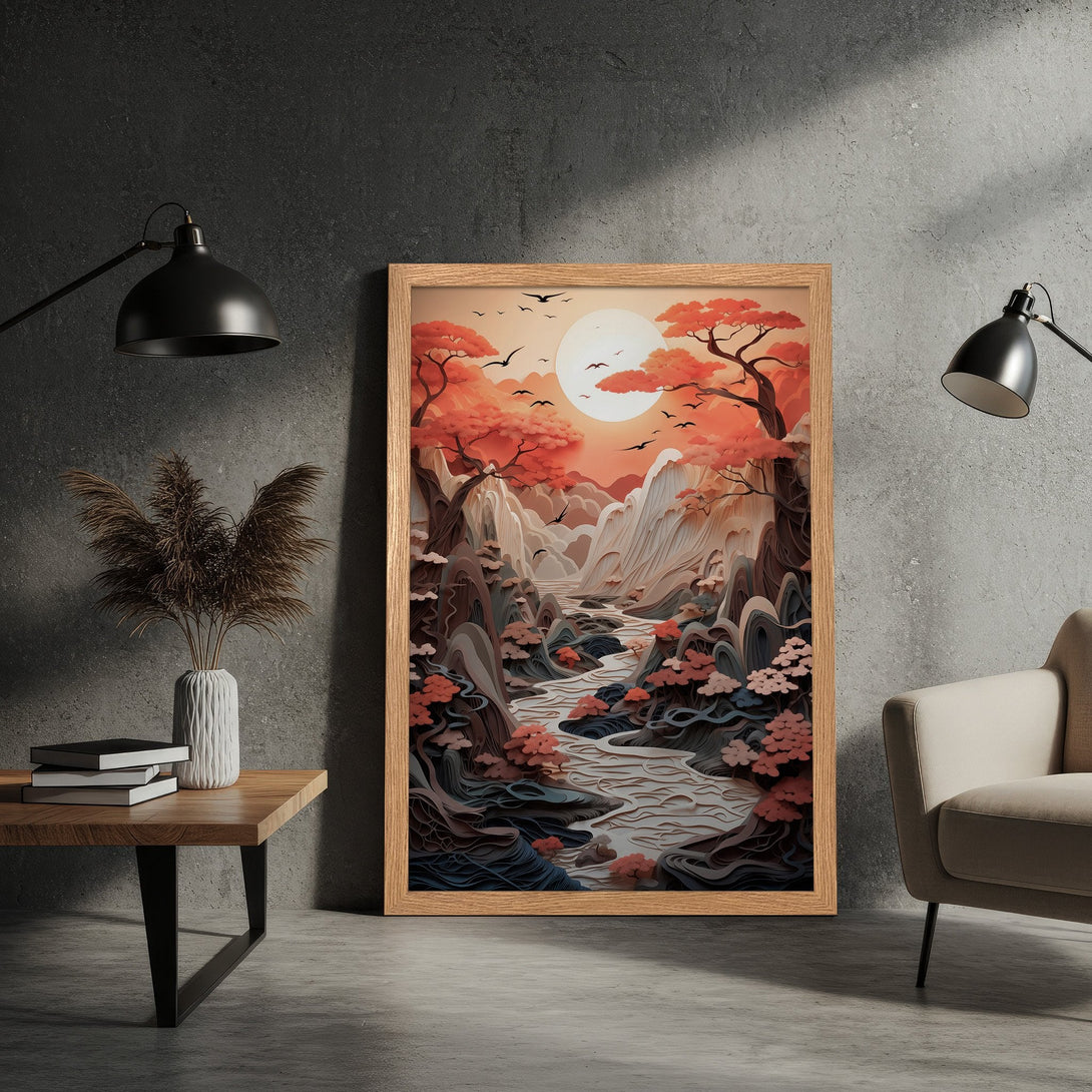 Framed Poster: Japanese landscape art print in warm orange and brown tones. Perfect wall decor for a calming aesthetic.