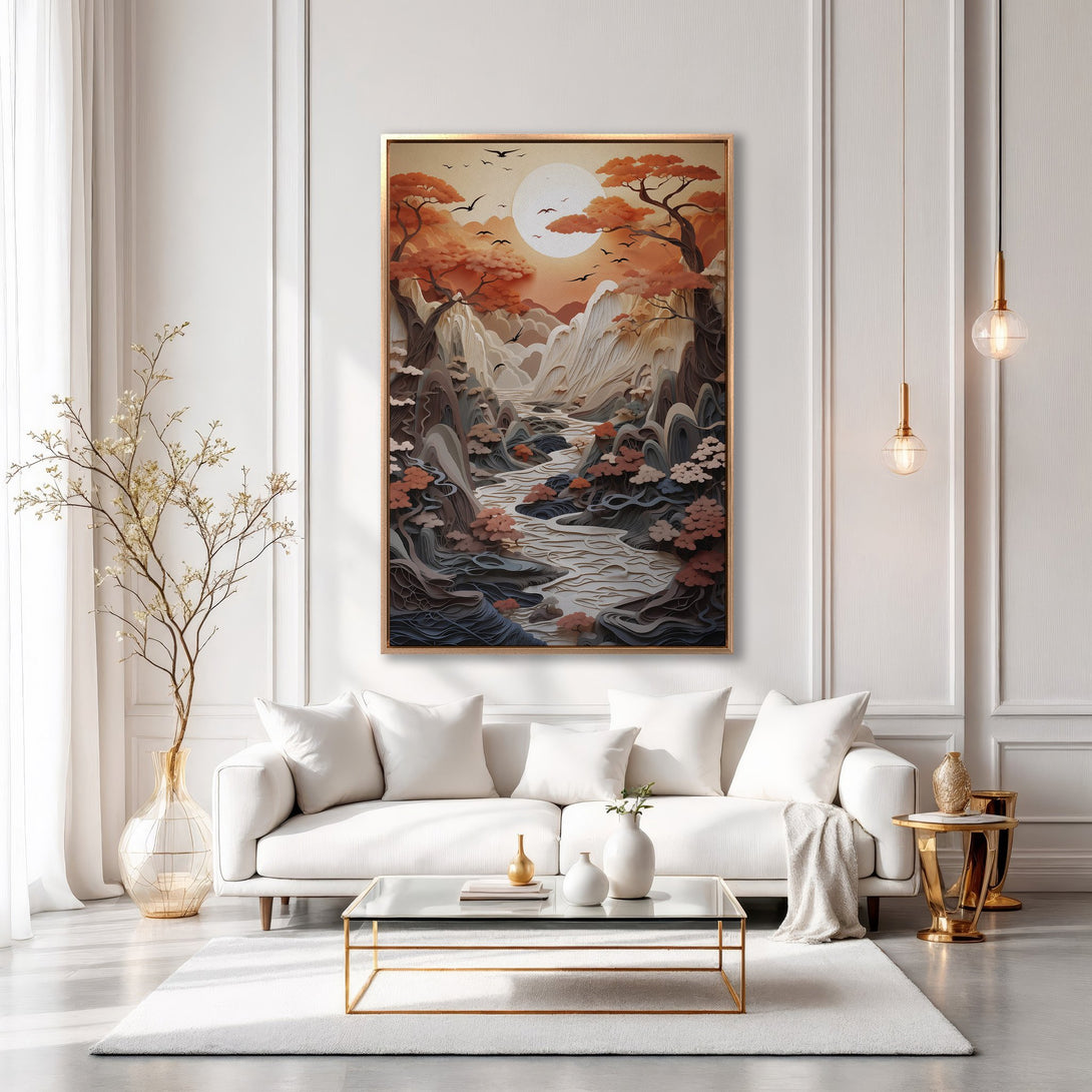 Framed Wall Art: Landscape Canvas Print in warm orange and neutral tones. Modern art piece adds a touch of zen to any living room. Shop now!