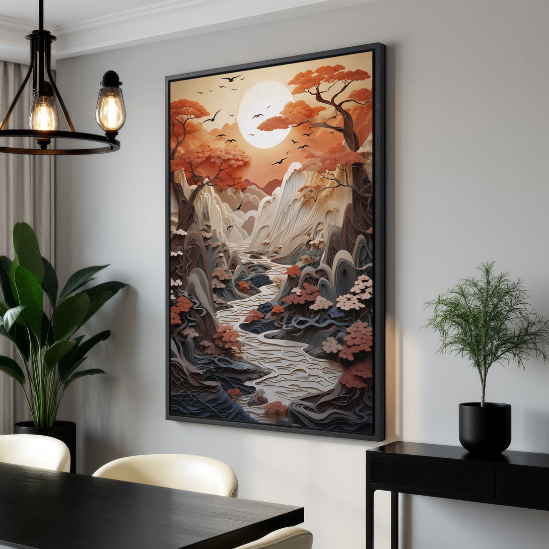 Framed Wall Art: Stunning landscape Canvas Print with warm orange and earthy tones. Perfect for adding a touch of nature-inspired art to your home decor.