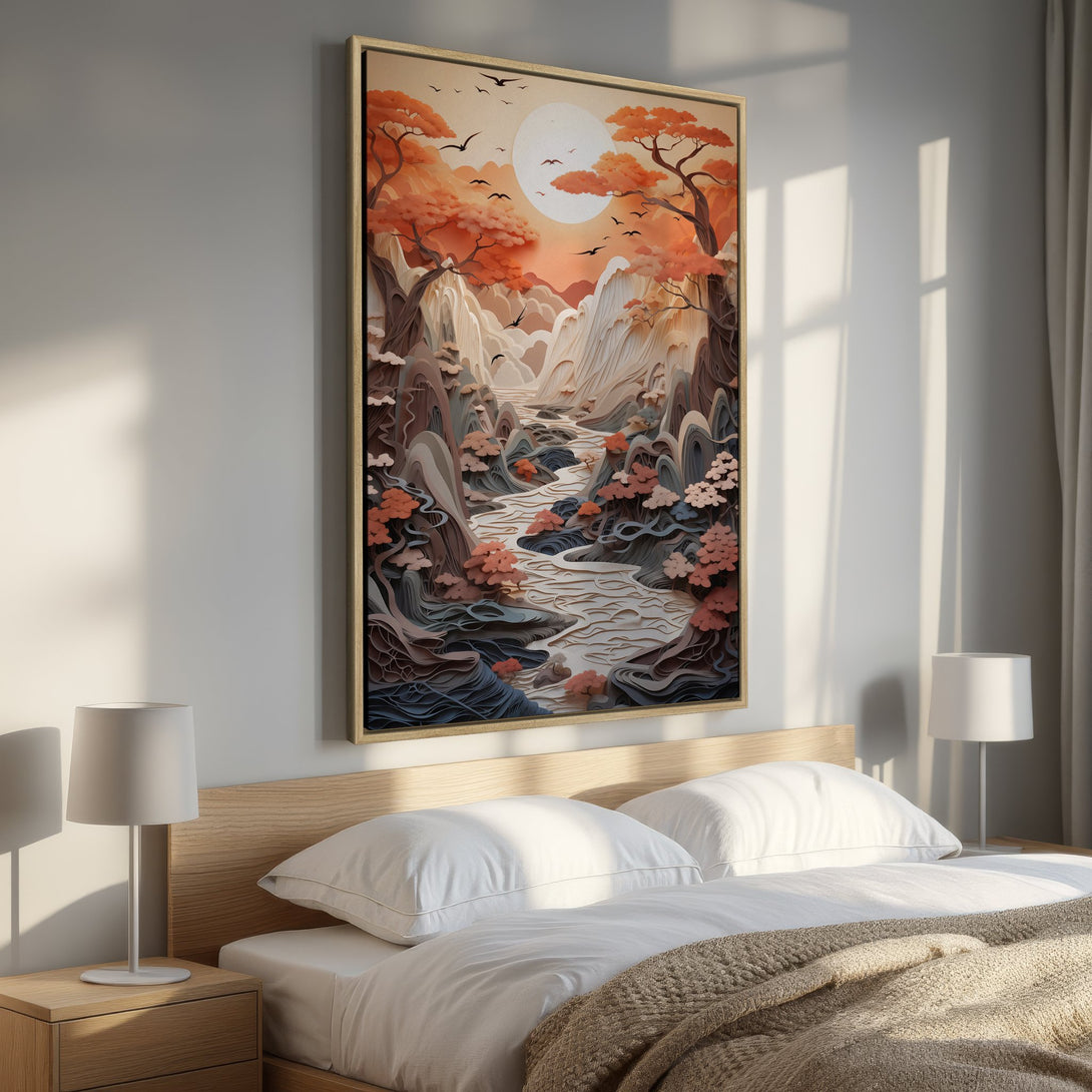 Framed Wall Art: Stunning landscape Canvas Print with warm orange and brown tones. Perfect for adding a touch of zen to your bedroom decor. Shop now!