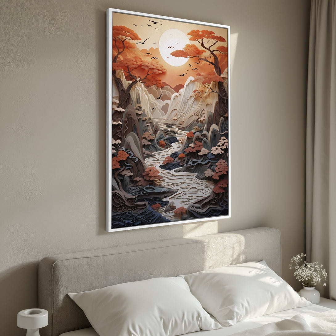 Framed Wall Art: Serene landscape Canvas Print with warm orange, brown, and beige tones. Perfect for bedroom decor, featuring a stylized mountain scene.