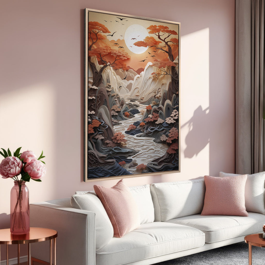 Framed Wall Art: Stunning landscape Canvas Print with warm orange & pink tones. Perfect for adding a touch of zen & style to your living room. Shop now!
