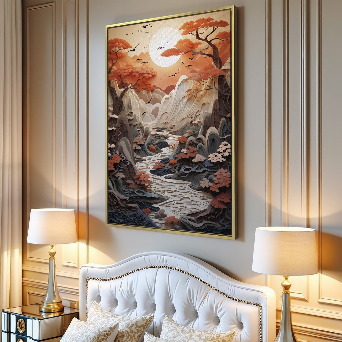 Canvas Print: Serene landscape art with warm orange and brown tones. Modern style mountain scene, perfect for living room decor.