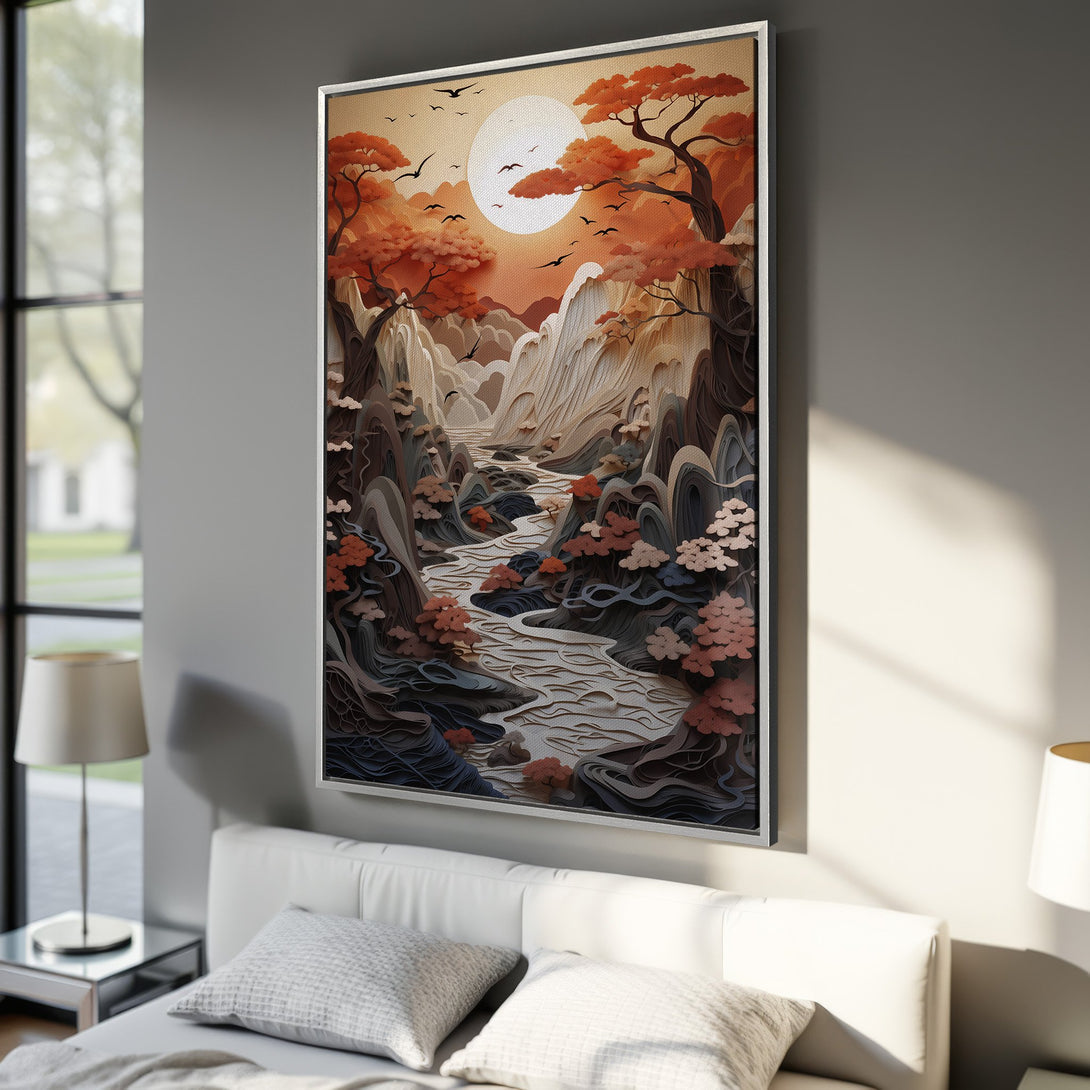 Framed Wall Art: Serene landscape Canvas Print with a paper-cut style. Warm orange, brown, and beige tones create a calming ambiance for your home decor.