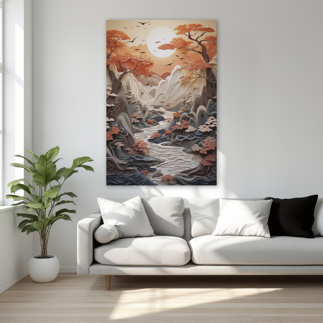 Framed Wall Art: Stunning landscape Canvas Print with warm orange and brown tones. Perfect for adding a touch of elegance and nature-inspired art to your bedroom decor.