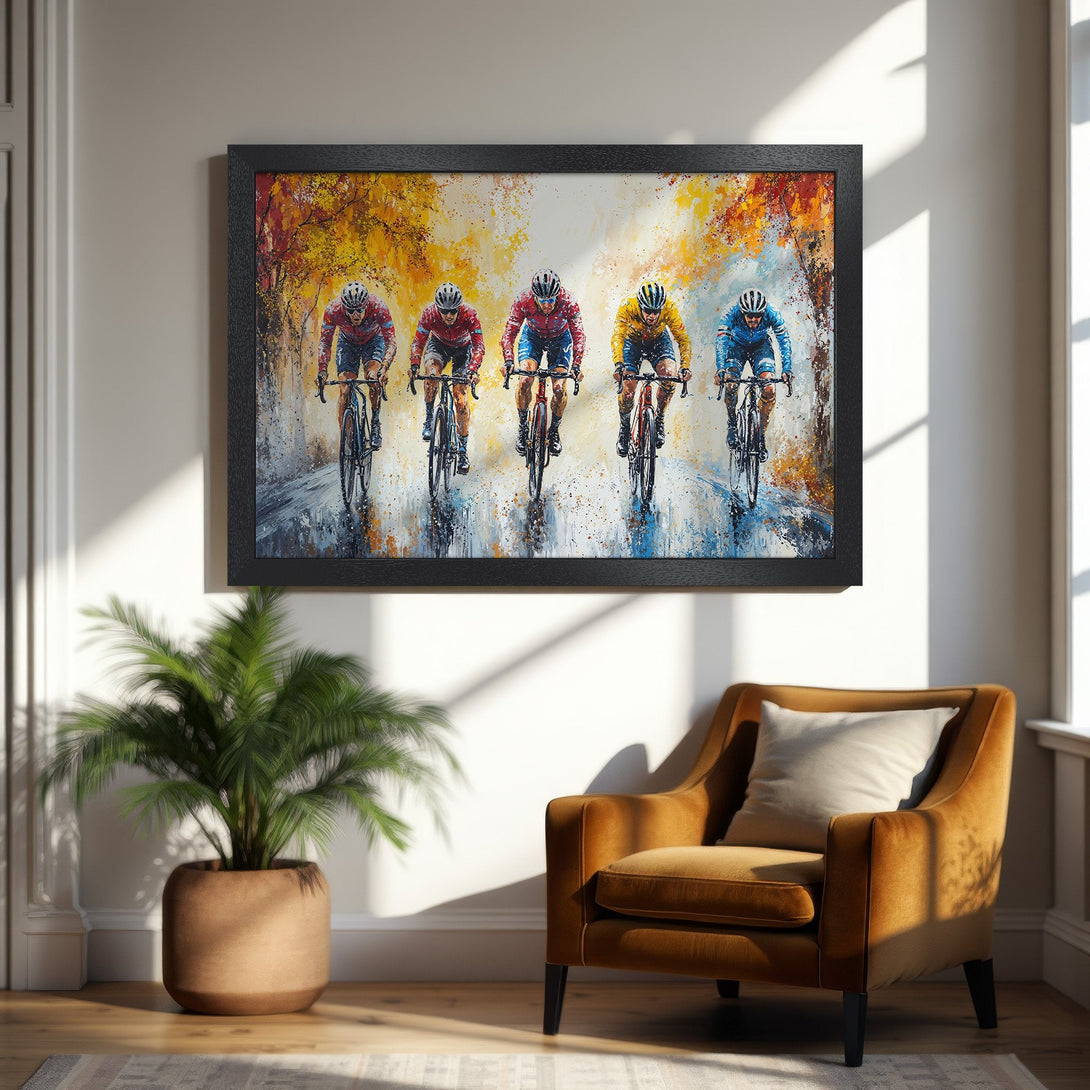 Framed Poster of cyclists racing, impressionistic style with warm yellow & red hues. Perfect wall art for sports fans.