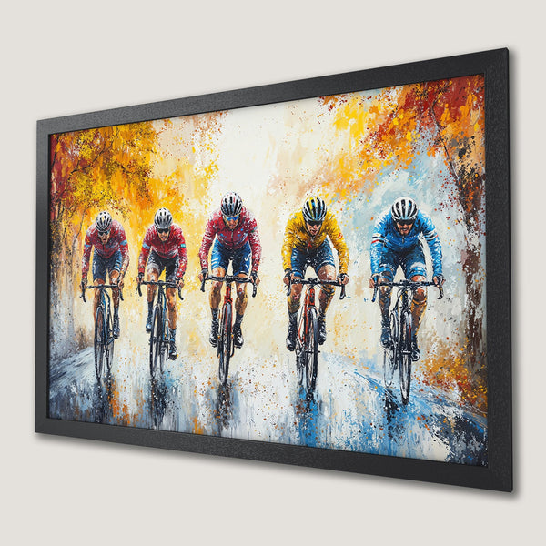 Framed Poster featuring cyclists in a colorful, impressionistic style. Vibrant orange, yellow, and blue palette. Perfect wall art!