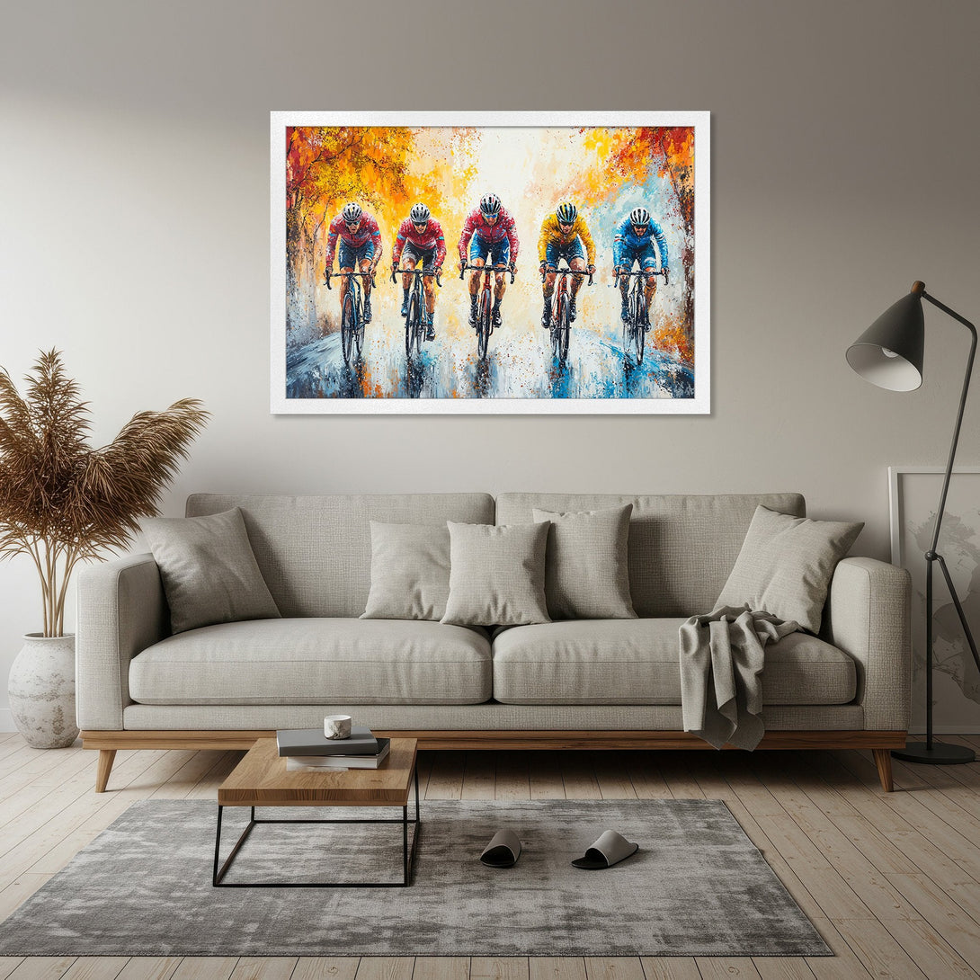 Framed Poster of cyclists racing, vibrant impressionist style, featuring a warm color palette of orange, red, and blue.