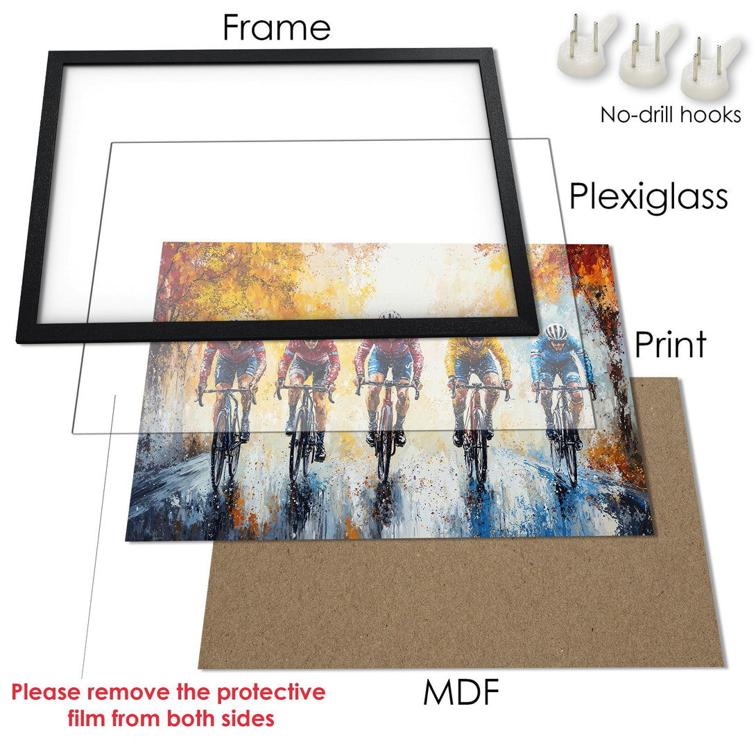Framed Poster featuring cyclists in an abstract style, with a vibrant autumn color palette. Perfect wall art!