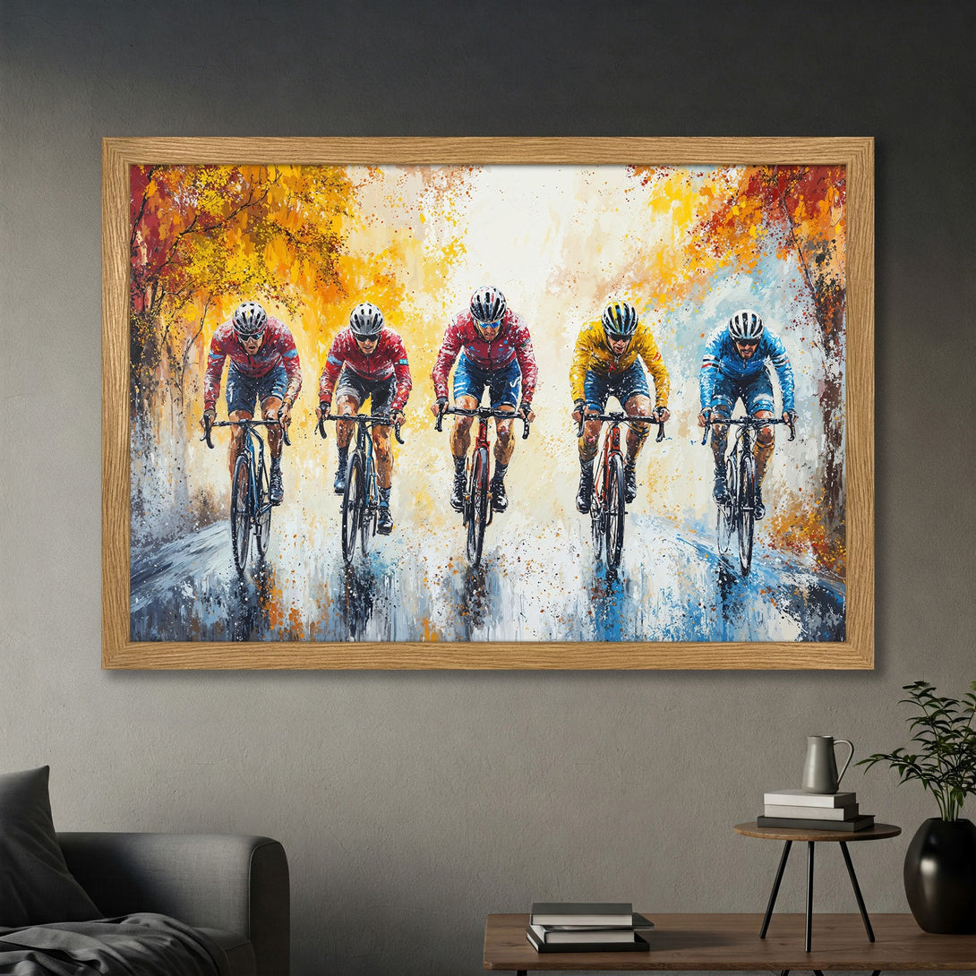 Framed Poster of cyclists racing, impressionistic style with vibrant autumn colors. Perfect wall art for sports fans.