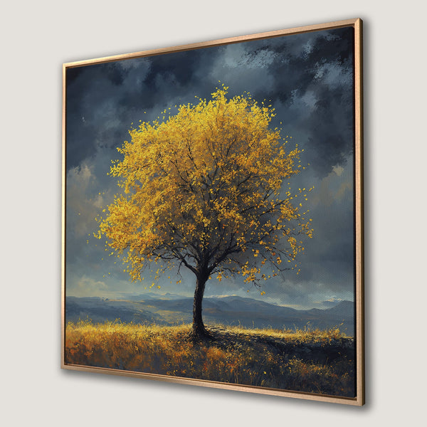 Framed Wall Art: Stunning landscape Canvas Print featuring a golden tree against a moody sky. Warm yellow and blue tones create a captivating focal point for any space.