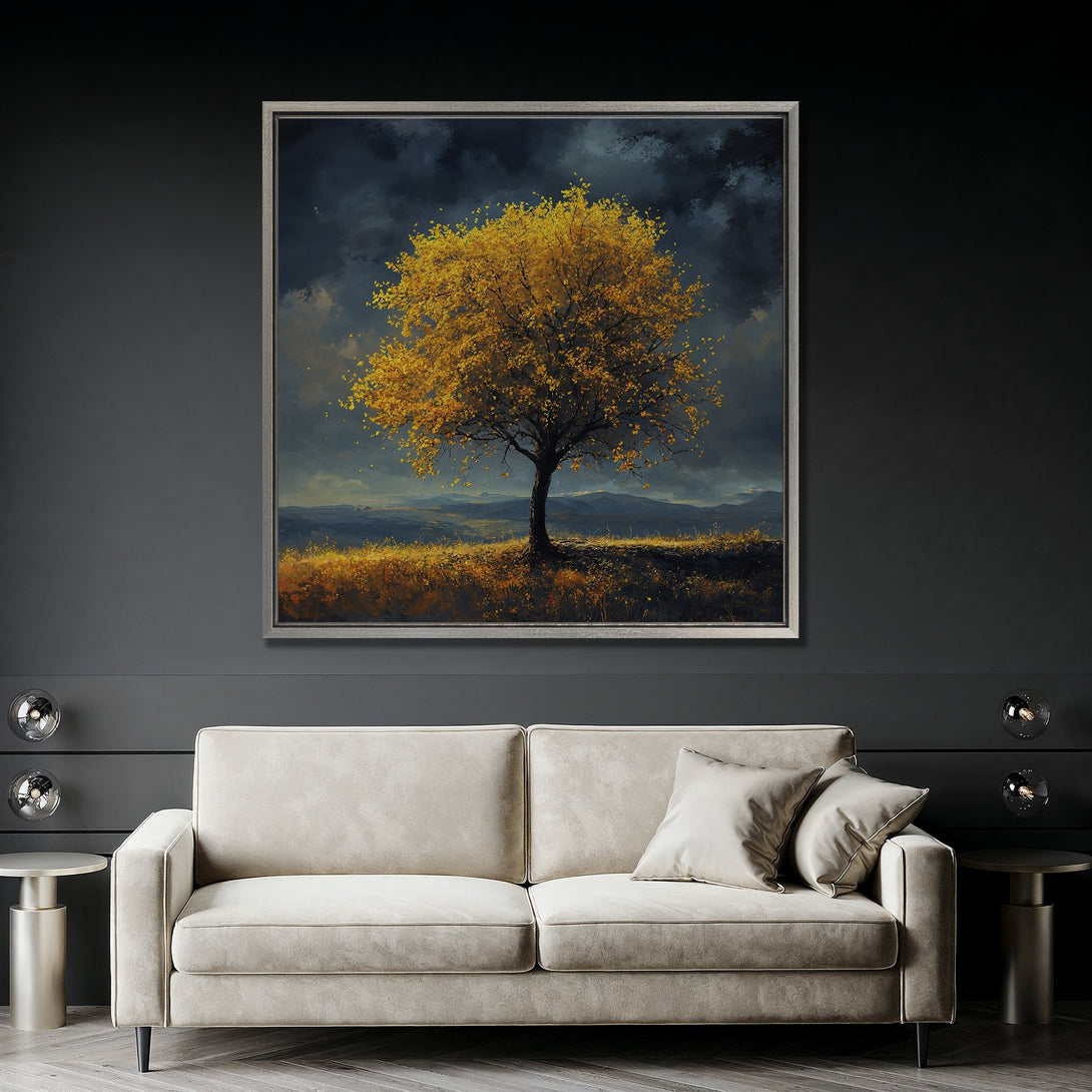 Framed Wall Art: Majestic tree painting in a moody style with a gold and blue color palette. Perfect for adding a touch of elegance to your space.