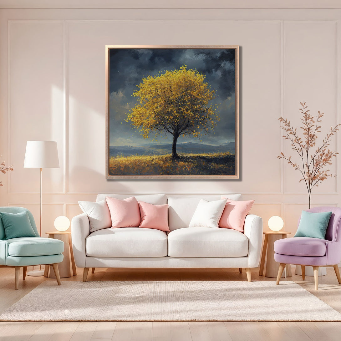 Framed Wall Art: Stunning tree landscape Canvas Print in warm yellow and blue tones. Perfect for adding a touch of nature and style to your home decor.