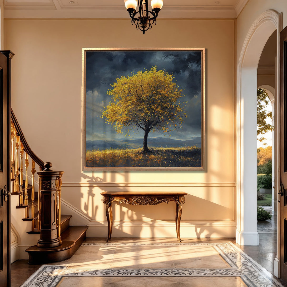 Framed Wall Art featuring a vibrant yellow tree painting in a classic interior. Warm, inviting color palette with gold and blue tones. Perfect for home decor.