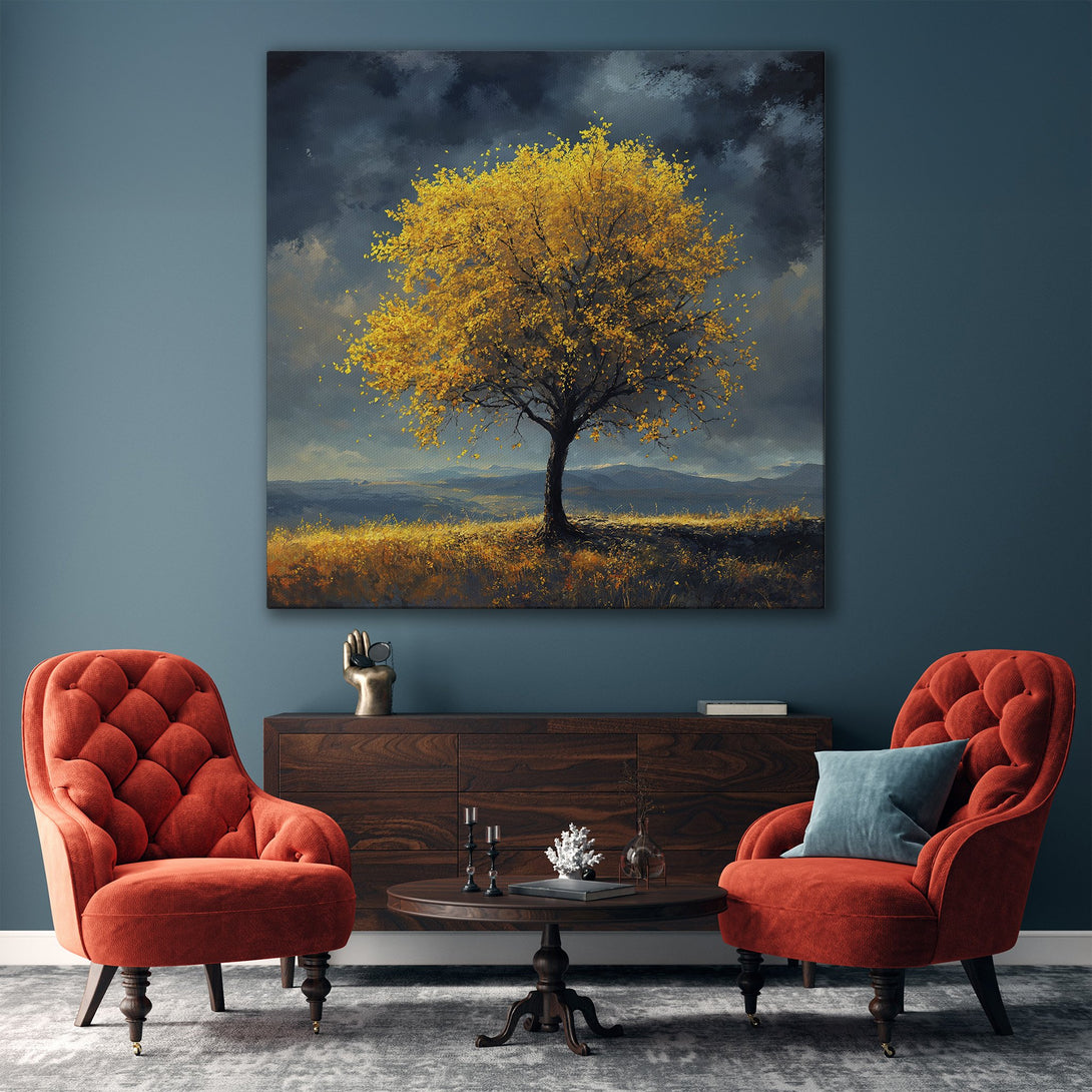 Framed Wall Art featuring a golden tree landscape painting. Warm yellow and gray color palette complements modern interior design. Perfect wall decor.