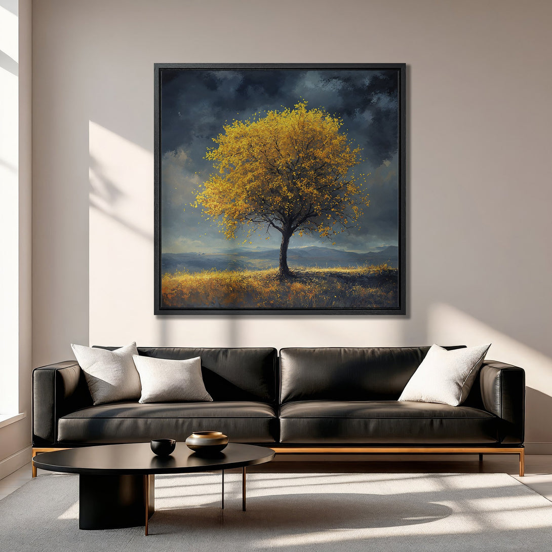 Framed Wall Art: Stunning landscape Canvas Print featuring a golden tree against a dramatic sky. Perfect for living room decor, with a warm, inviting color palette.