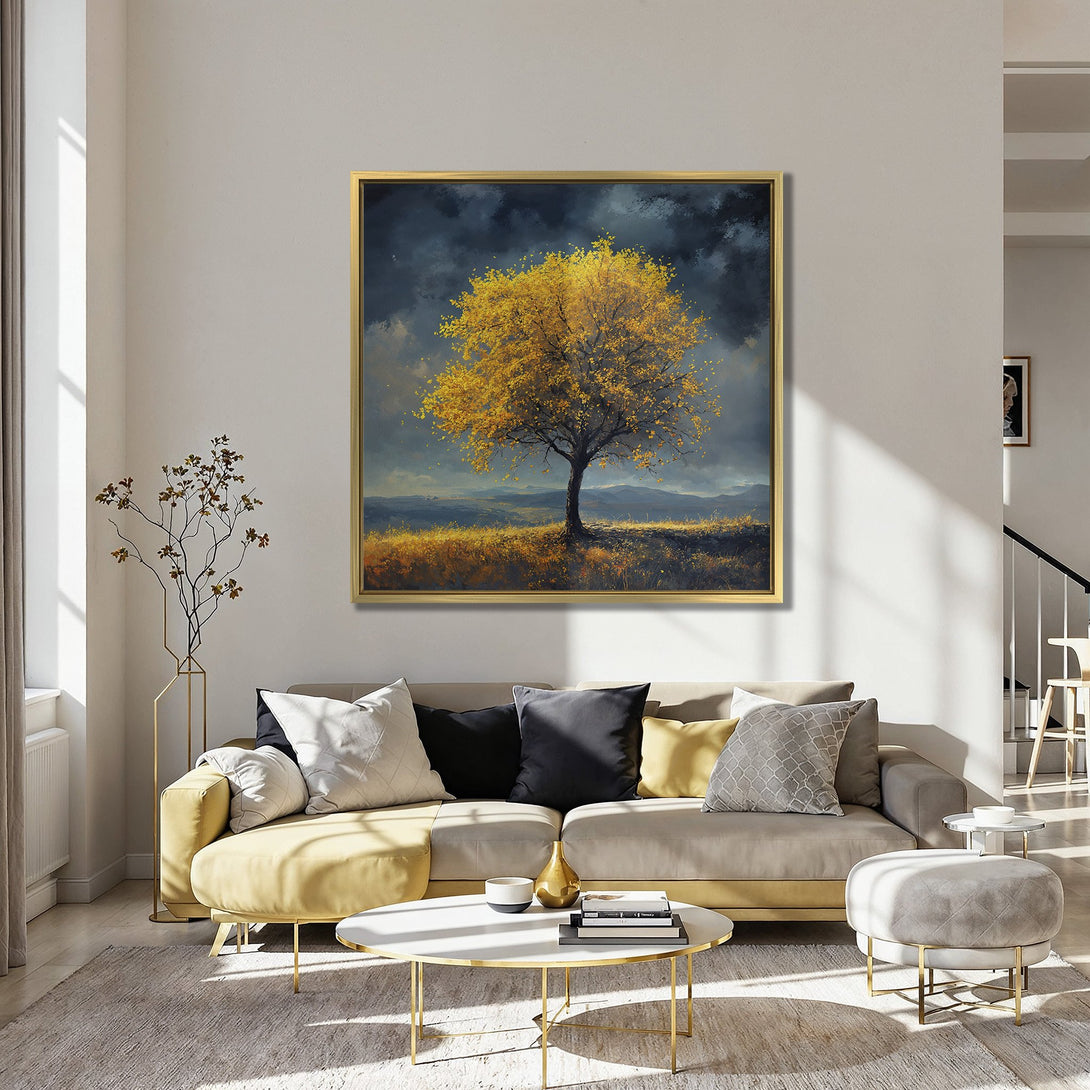 Canvas Print of a golden tree landscape painting. Warm color palette with orange chairs and blue walls. Perfect for home decor.