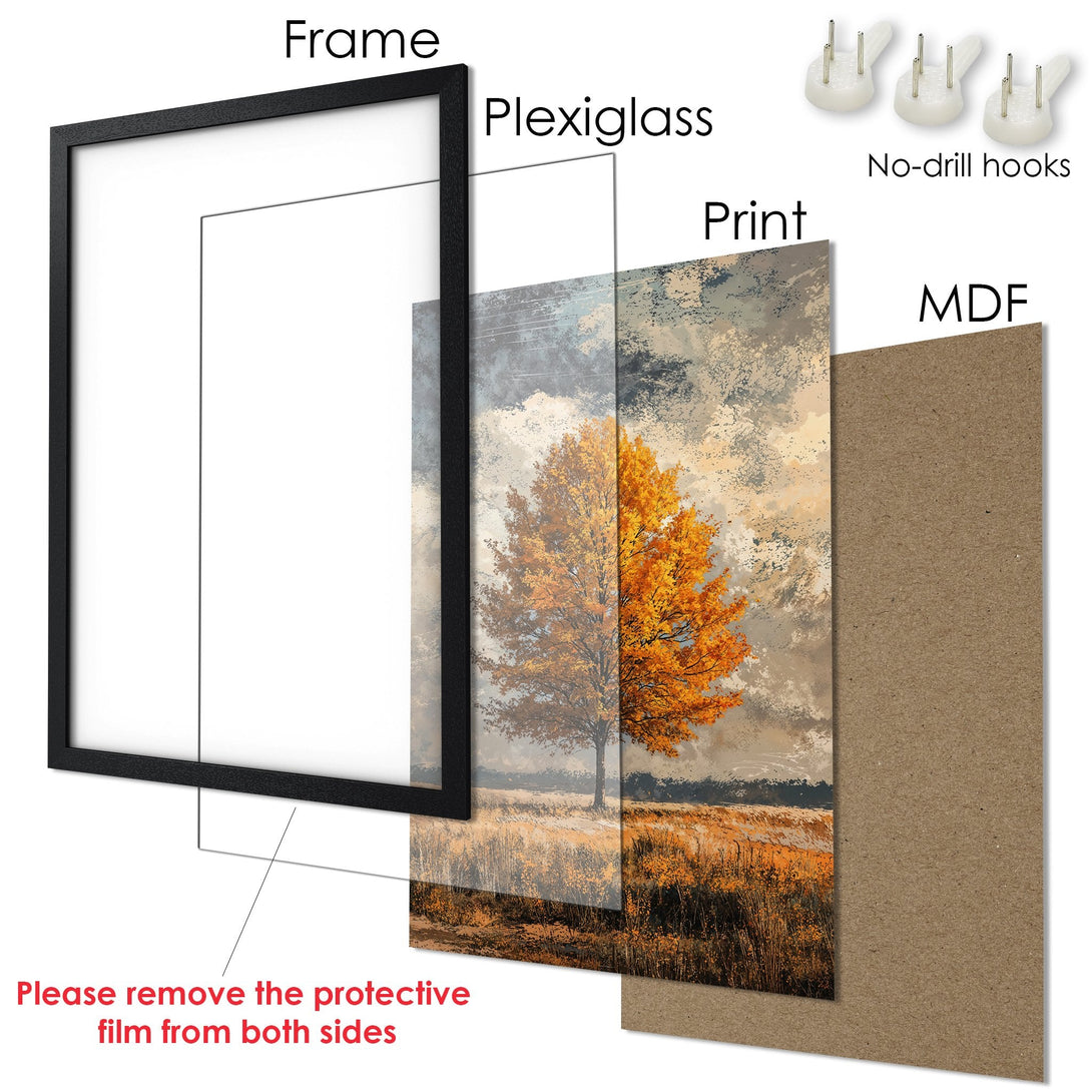 Framed Poster featuring a tree in autumn colors. Warm, earthy tones and a painterly style. Ready to hang art for your home.
